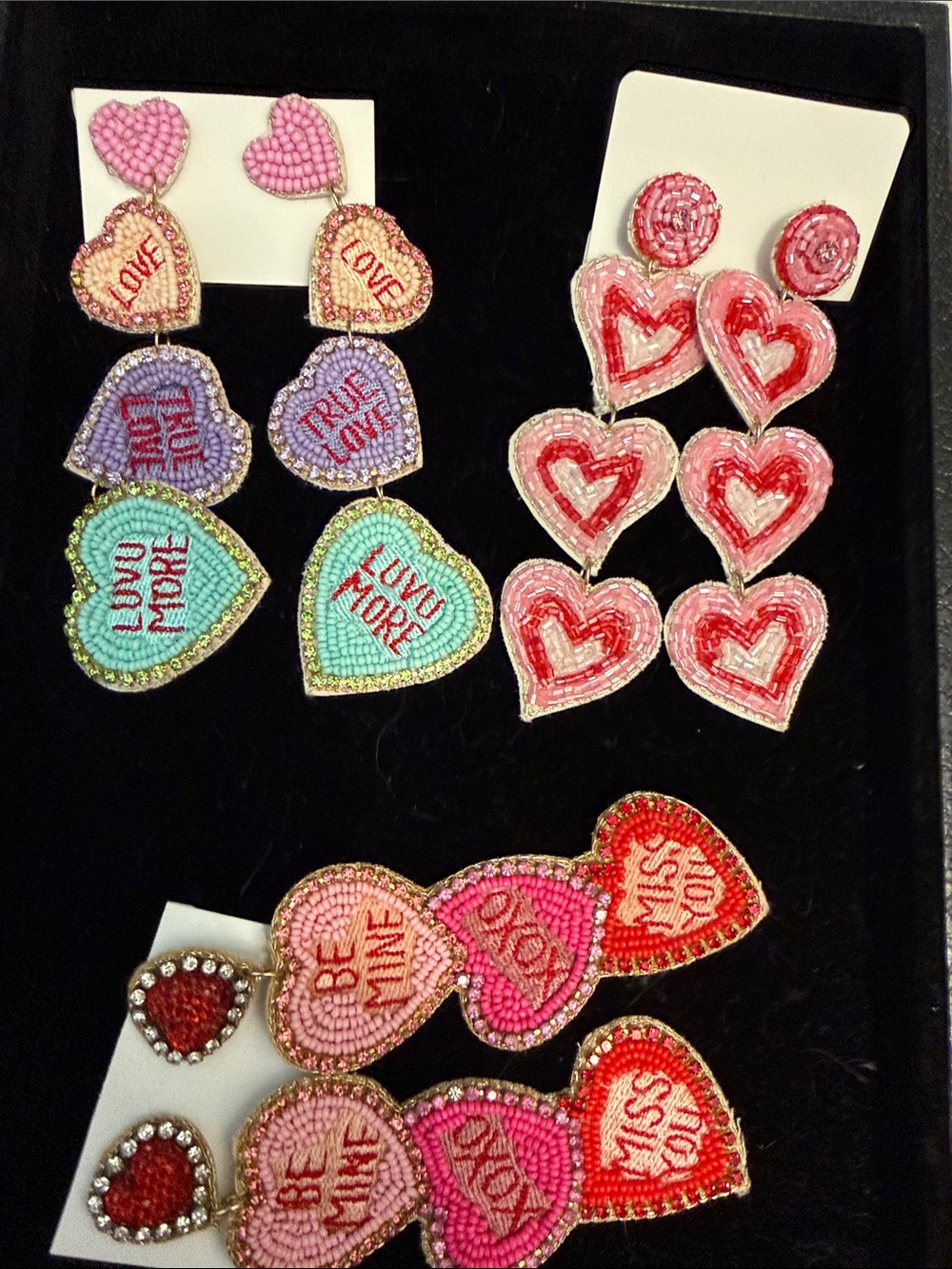 3 pair Beaded Multicolor Heart Drop Earrings - never worn